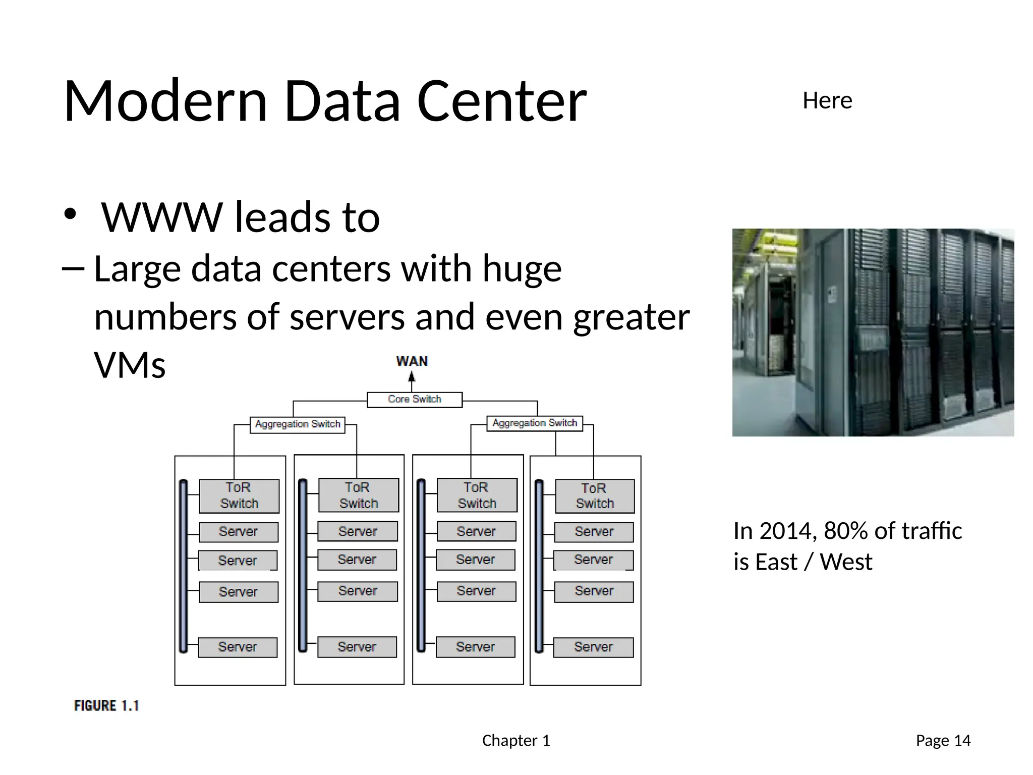 Chapter 1
Modern Data Center
• WWW leads to
– Large data centers with huge
numbers of servers and even greater
VMs
Page 14
In 2014, 80% of traffic
is East / West
Here
 