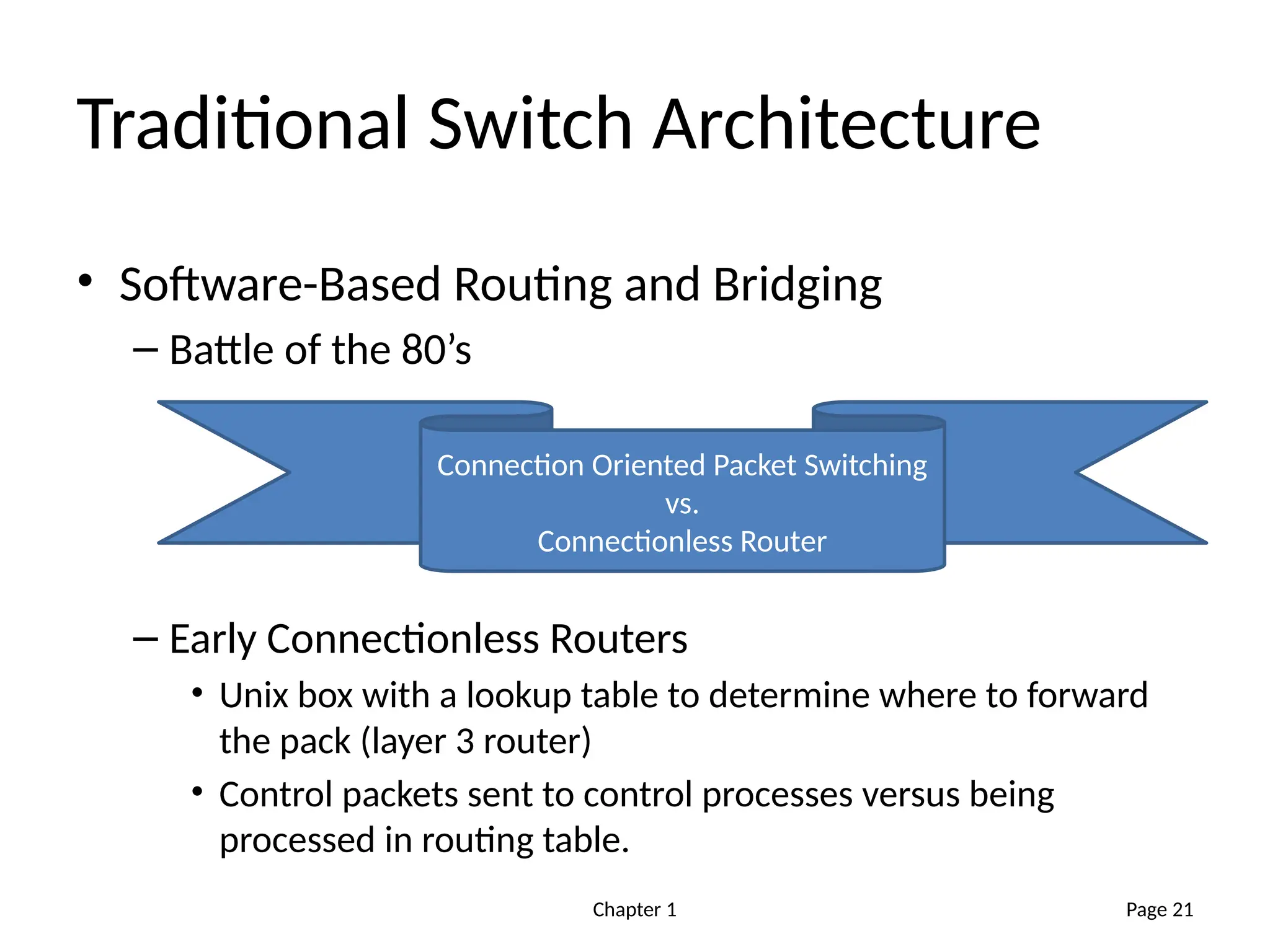 Chapter 1
Traditional Switch Architecture
• Software-Based Routing and Bridging
– Battle of the 80’s
– Early Connectionless Routers
• Unix box with a lookup table to determine where to forward
the pack (layer 3 router)
• Control packets sent to control processes versus being
processed in routing table.
Page 21
Connection Oriented Packet Switching
vs.
Connectionless Router
 
