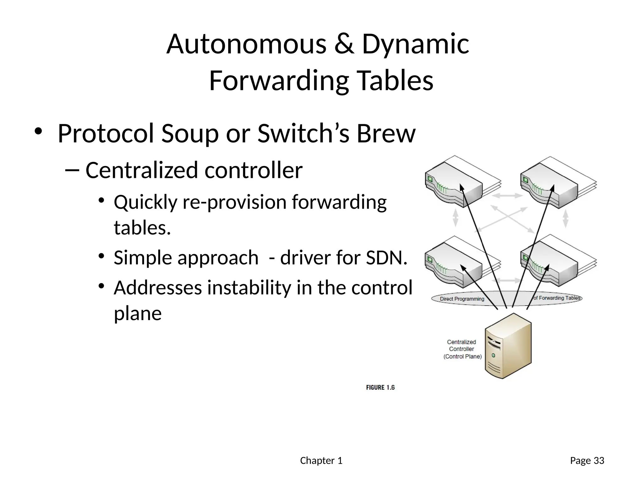 Chapter 1
Autonomous & Dynamic
Forwarding Tables
• Protocol Soup or Switch’s Brew
– Centralized controller
• Quickly re-provision forwarding
tables.
• Simple approach - driver for SDN.
• Addresses instability in the control
plane
Page 33
 