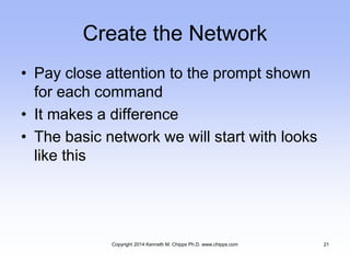 Create the Network
• Pay close attention to the prompt shown
for each command
• It makes a difference
• The basic network we will start with looks
like this
Copyright 2014 Kenneth M. Chipps Ph.D. www.chipps.com 21
 