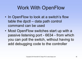 Work With OpenFlow
• In OpenFlow to look at a switch’s flow
table the dpctl – data path control
command can be used
• Most OpenFlow switches start up with a
passive listening port - 6634 - from which
you can poll the switch, without having to
add debugging code to the controller
Copyright 2014 Kenneth M. Chipps Ph.D. www.chipps.com 36
 