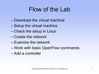 Flow of the Lab
– Download the virtual machine
– Setup the virtual machine
– Check the setup in Linux
– Create the network
– Examine the network
– Work with basic OpenFlow commands
– Add a controller
Copyright 2014 Kenneth M. Chipps Ph.D. www.chipps.com 7
 