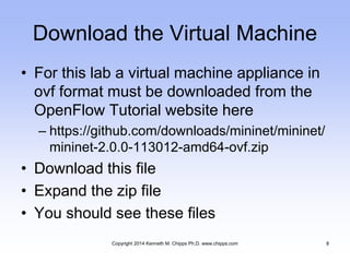 Download the Virtual Machine
• For this lab a virtual machine appliance in
ovf format must be downloaded from the
OpenFlow Tutorial website here
– https://github.com/downloads/mininet/mininet/
mininet-2.0.0-113012-amd64-ovf.zip
• Download this file
• Expand the zip file
• You should see these files
Copyright 2014 Kenneth M. Chipps Ph.D. www.chipps.com 8
 