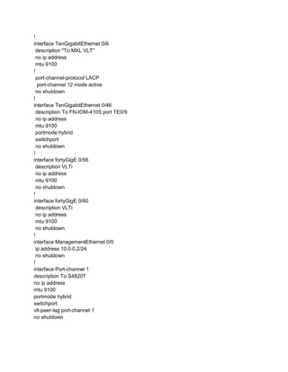 !
interface TenGigabitEthernet 0/6
description "To MXL VLT"
no ip address
mtu 9100
!
port-channel-protocol LACP
port-channel 12 mode active
no shutdown
!
interface TenGigabitEthernet 0/46
description To FN-IOM-410S port TE0/9
no ip address
mtu 9100
portmode hybrid
switchport
no shutdown
!
interface fortyGigE 0/56
description VLTi
no ip address
mtu 9100
no shutdown
!
interface fortyGigE 0/60
description VLTi
no ip address
mtu 9100
no shutdown
!
interface ManagementEthernet 0/0
ip address 10.0.0.2/24
no shutdown
!
interface Port-channel 1
description To S4820T
no ip address
mtu 9100
portmode hybrid
switchport
vlt-peer-lag port-channel 1
no shutdown
 