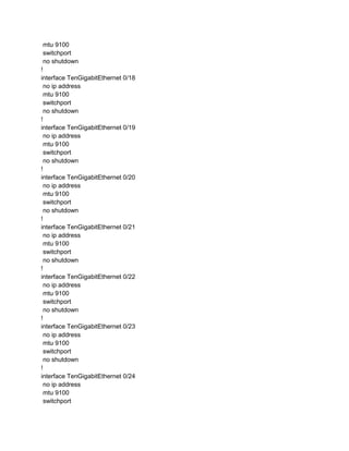 mtu 9100
switchport
no shutdown
!
interface TenGigabitEthernet 0/18
no ip address
mtu 9100
switchport
no shutdown
!
interface TenGigabitEthernet 0/19
no ip address
mtu 9100
switchport
no shutdown
!
interface TenGigabitEthernet 0/20
no ip address
mtu 9100
switchport
no shutdown
!
interface TenGigabitEthernet 0/21
no ip address
mtu 9100
switchport
no shutdown
!
interface TenGigabitEthernet 0/22
no ip address
mtu 9100
switchport
no shutdown
!
interface TenGigabitEthernet 0/23
no ip address
mtu 9100
switchport
no shutdown
!
interface TenGigabitEthernet 0/24
no ip address
mtu 9100
switchport
 