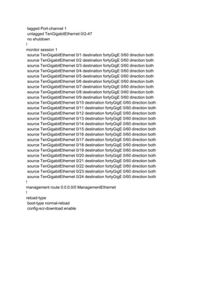 tagged Port-channel 1
untagged TenGigabitEthernet 0/2-47
no shutdown
!
monitor session 1
source TenGigabitEthernet 0/1 destination fortyGigE 0/60 direction both
source TenGigabitEthernet 0/2 destination fortyGigE 0/60 direction both
source TenGigabitEthernet 0/3 destination fortyGigE 0/60 direction both
source TenGigabitEthernet 0/4 destination fortyGigE 0/60 direction both
source TenGigabitEthernet 0/5 destination fortyGigE 0/60 direction both
source TenGigabitEthernet 0/6 destination fortyGigE 0/60 direction both
source TenGigabitEthernet 0/7 destination fortyGigE 0/60 direction both
source TenGigabitEthernet 0/8 destination fortyGigE 0/60 direction both
source TenGigabitEthernet 0/9 destination fortyGigE 0/60 direction both
source TenGigabitEthernet 0/10 destination fortyGigE 0/60 direction both
source TenGigabitEthernet 0/11 destination fortyGigE 0/60 direction both
source TenGigabitEthernet 0/12 destination fortyGigE 0/60 direction both
source TenGigabitEthernet 0/13 destination fortyGigE 0/60 direction both
source TenGigabitEthernet 0/14 destination fortyGigE 0/60 direction both
source TenGigabitEthernet 0/15 destination fortyGigE 0/60 direction both
source TenGigabitEthernet 0/16 destination fortyGigE 0/60 direction both
source TenGigabitEthernet 0/17 destination fortyGigE 0/60 direction both
source TenGigabitEthernet 0/18 destination fortyGigE 0/60 direction both
source TenGigabitEthernet 0/19 destination fortyGigE 0/60 direction both
source TenGigabitEthernet 0/20 destination fortyGigE 0/60 direction both
source TenGigabitEthernet 0/21 destination fortyGigE 0/60 direction both
source TenGigabitEthernet 0/22 destination fortyGigE 0/60 direction both
source TenGigabitEthernet 0/23 destination fortyGigE 0/60 direction both
source TenGigabitEthernet 0/24 destination fortyGigE 0/60 direction both
!
management route 0.0.0.0/0 ManagementEthernet
!
reload-type
boot-type normal-reload
config-scr-download enable
 