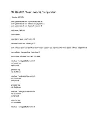 FN-IOM (FX2 Chassis switch) Configuration
! Version 9.9(0.0)
!
boot system stack-unit 0 primary system: B:
boot system stack-unit 0 secondary system: A:
boot system stack-unit 0 default system: B:
!
hostname FN410S
!
protocol lldp
!
redundancy auto-synchronize full
!
password-attributes min-length 0
!
cam-acl l2acl 2 ipv4acl 2 ipv6acl 0 ipv4qos 0 l2qos 1 l2pt 0 ipmacacl 0 vman-qos 0 ecfmacl 0 openflow 8
!
cam-acl-vlan vlanopenflow 1 vlaniscsi 1
!
stack-unit 0 provision PE-FN-410S-IOM
!
interface TenGigabitEthernet 0/1
no ip address
switchport
!
protocol lldp
no shutdown
!
interface TenGigabitEthernet 0/2
no ip address
switchport
!
protocol lldp
no shutdown
!
interface TenGigabitEthernet 0/3
no ip address
switchport
!
protocol lldp
no shutdown
!
interface TenGigabitEthernet 0/4
 