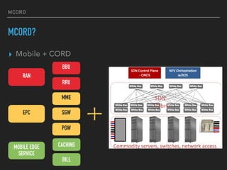 ? Mobile + CORD
MCORD
MCORD?
RAN
BBU
RRU
EPC
MME
SGW
PGW
MOBILE EDGE
SERVICE
CACHING
BILL
 