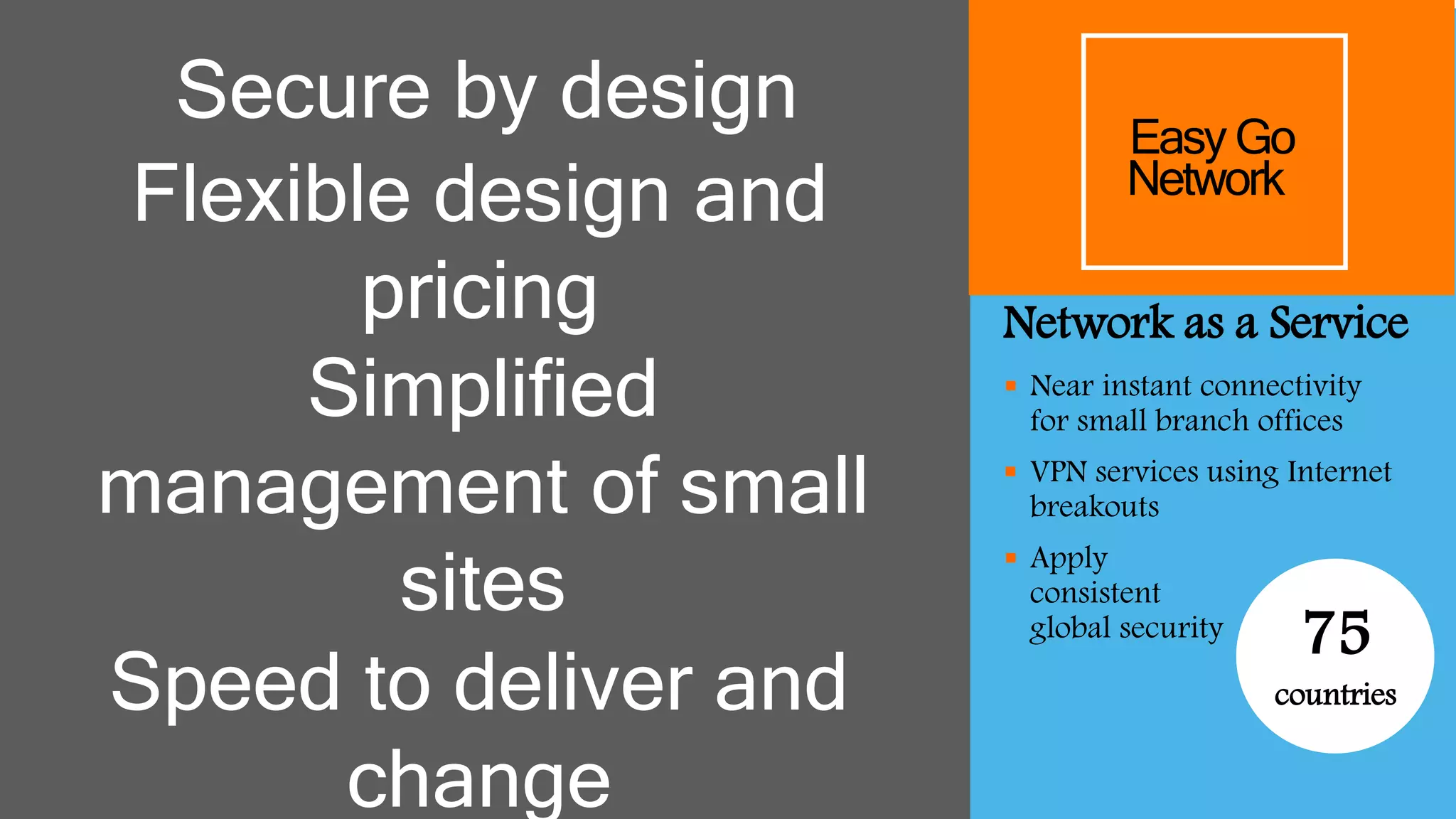8 Orange Restricted
Network as a Service
 Near instant connectivity
for small branch offices
 VPN services using Internet
breakouts
 Apply
consistent
global security
EasyGo
Network
Simplified
management of small
sites
Flexible design and
pricing
Speed to deliver and
change
Secure by design
75
countries
 