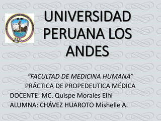 UNIVERSIDAD
PERUANA LOS
ANDES
“FACULTAD DE MEDICINA HUMANA”
PRÁCTICA DE PROPEDEUTICA MÉDICA
DOCENTE: MC. Quispe Morales Elhi
ALUMNA: CHÁVEZ HUAROTO Mishelle A.
 
