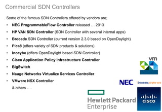 Commercial SDN Controllers
Some of the famous SDN Controllers offered by vendors are;
• NEC ProgrammableFlow Controller released … 2013
• HP VAN SDN Controller (SDN Controller with several internal apps)
• Brocade SDN Controller (current version 2.3.0 based on OpenDaylight)
• Pica8 (offers variety of SDN products & solutions)
• Inocybe (offers OpenDaylight based SDN Controller)
• Cisco Application Policy Infrastructure Controller
• BigSwitch
• Nauge Networks Virtualize Services Controller
• VMware NSX Controller
& others ….
13
 
