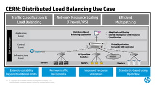CERN: Distributed Load Balancing Use Case
                        Traffic Classification &                                  Network Resource Scaling                          Efficient
                           Load Balancing                                              (Firewall/IPS)                              Multipathing

                                                                                            Distributed Load           •    Adaptive Load Sharing
                          Application
                                                                                          Balancing Application        •    Shared Intelligence with Resource
                            Layer
                                                                                                                            Classification
     SDN Architecture




                            Control                                                                                           Virtual Application
                             Layer                                                                                            Networks SDN Controller


                                                                                                 HP OpenFlow
                         Infrastructure                                                                                      Network
                                                                                                   Switches
                              Layer
                                                         Servers                                    FW/IPS                             Routers


  Extends scalability                                                  Remove traffic                   Improved resource               Standards-based using
beyond traditional limits                                               bottlenecks                         utilization                       OpenFlow

19        © Copyright 2012 Hewlett-Packard Development Company, L.P.
          The information contained herein is subject to change without notice.
 
