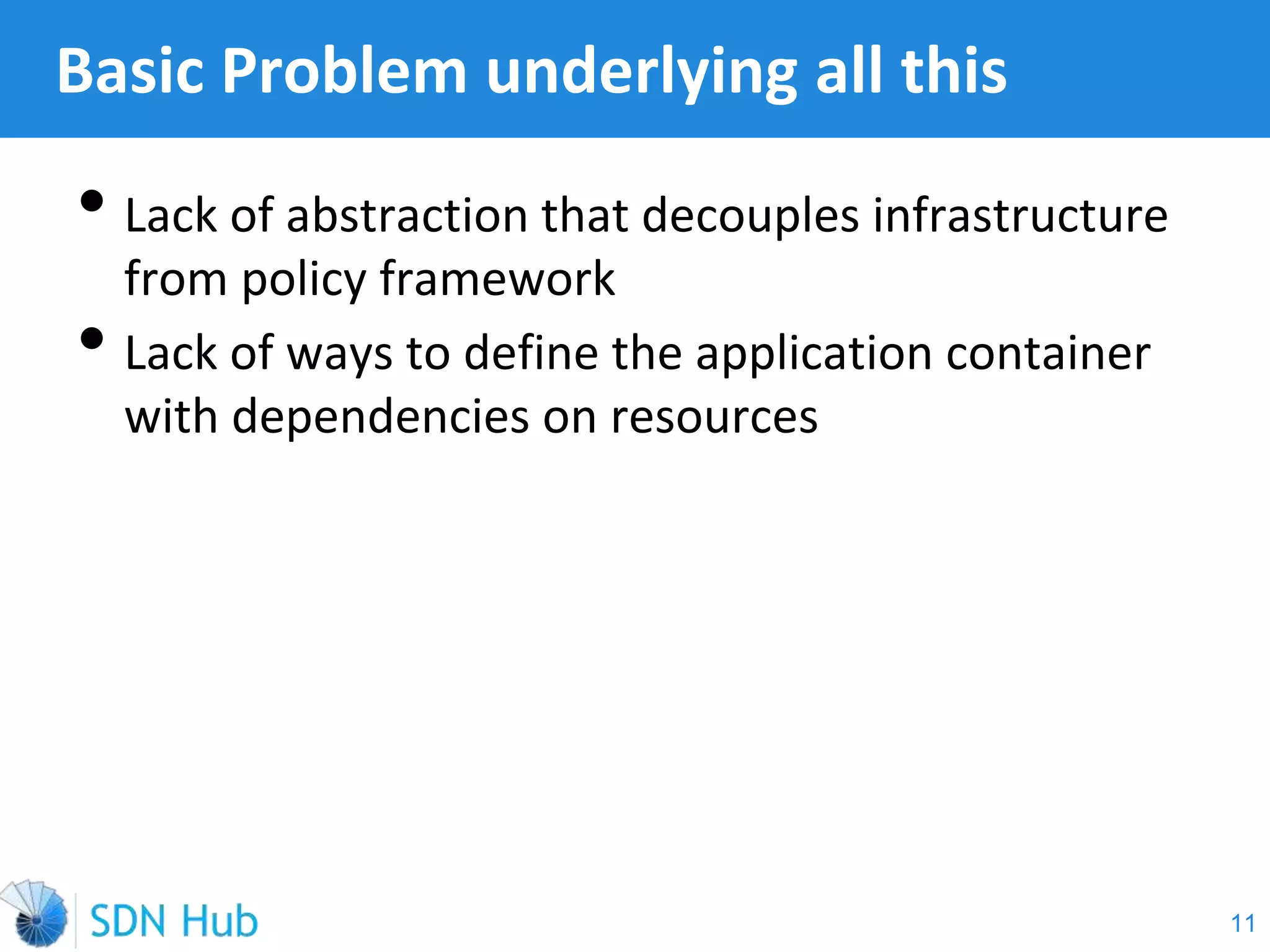 • Lack of abstraction that decouples infrastructure
from policy framework
• Lack of ways to define the application container
with dependencies on resources
Basic Problem underlying all this
11
 