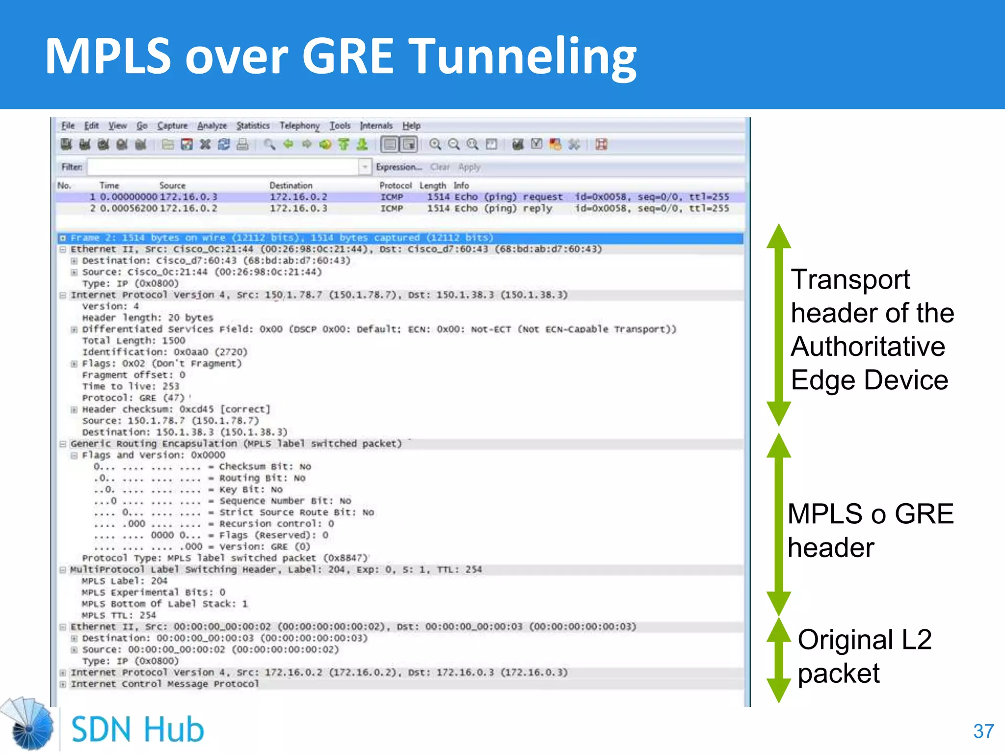 MPLS over GRE Tunneling
37
Transport
header of the
Authoritative
Edge Device
MPLS o GRE
header
Original L2
packet
 