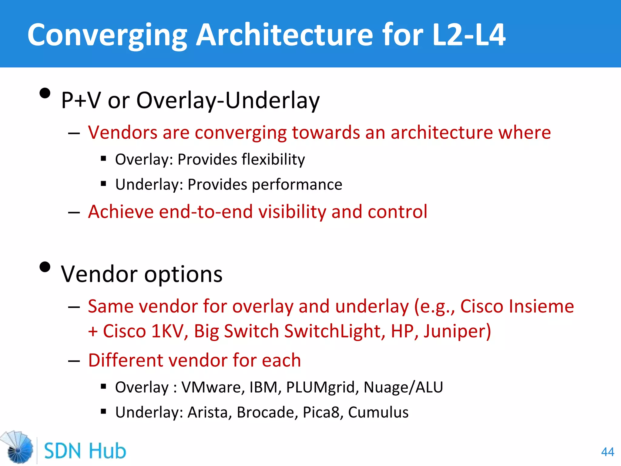 Converging Architecture for L2-L4
• P+V or Overlay-Underlay
‒ Vendors are converging towards an architecture where
 Overlay: Provides flexibility
 Underlay: Provides performance
‒ Achieve end-to-end visibility and control
• Vendor options
‒ Same vendor for overlay and underlay (e.g., Cisco Insieme
+ Cisco 1KV, Big Switch SwitchLight, HP, Juniper)
‒ Different vendor for each
 Overlay : VMware, IBM, PLUMgrid, Nuage/ALU
 Underlay: Arista, Brocade, Pica8, Cumulus
44
 