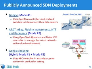 • Google (Mode #1):
‒ Uses Openflow controllers and enabled
switches to interconnect their data centers
• AT&T, eBay, Fidelity Investments, NTT
and Rackspace (Mode #2):
‒ Using OpenStack Quantum and Nicira NVP
controller to manage the virtual networks
within cloud environment
• Genesis hosting
(Hybrid Mode #1 + Mode #2)
‒ Uses NEC controller in intra-data-center
scenario in production setting
Publicly Announced SDN Deployments
18
 