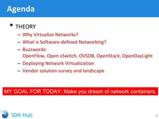 • THEORY
‒ Why Virtualize Networks?
‒ What is Software-defined Networking?
‒ Buzzwords:
OpenFlow, Open vSwitch, OVSDB, OpenStack, OpenDayLight
‒ Deploying Network Virtualization
‒ Vendor solution survey and landscape
Agenda
2
MY GOAL FOR TODAY: Make you dream of network containers.
 