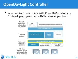 • Vendor-driven consortium (with Cisco, IBM, and others)
for developing open-source SDN controller platform
OpenDayLight Controller
26
 