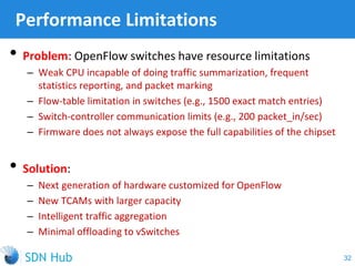 • Problem: OpenFlow switches have resource limitations
‒ Weak CPU incapable of doing traffic summarization, frequent
statistics reporting, and packet marking
‒ Flow-table limitation in switches (e.g., 1500 exact match entries)
‒ Switch-controller communication limits (e.g., 200 packet_in/sec)
‒ Firmware does not always expose the full capabilities of the chipset
• Solution:
‒ Next generation of hardware customized for OpenFlow
‒ New TCAMs with larger capacity
‒ Intelligent traffic aggregation
‒ Minimal offloading to vSwitches
Performance Limitations
32
 
