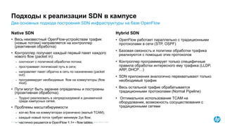 © Copyright 2015 Hewlett-Packard Development Company, L.P. The information contained herein is subject to change without notice.
Два основных подхода построения SDN инфраструктуры на базе OpenFlow
Подходы к реализации SDN в кампусе
Native SDN
• Весь неизвестный OpenFlow-устройствам трафик
(новые потоки) направляется на контроллер
(реактивная обработка)
• Контроллер получает каждый первый пакет каждого
нового flow (packet in):
– соотносит с политикой обработки потока;
– простраивает логический путь в сети;
– направляет пакет обратно в сеть по назначению (packet
out);
– программирует необходимые flow на коммутаторы (flow
mod).
• Пути могут быть заранее определены и построены
(проактивная обработка).
– Трудно реализовать в непредсказуемой и динамичной
среде кампусных сетей.
• Проблемы масштабируемости
– кол-во flow на коммутаторах ограничено (малый TCAM);
– каждый новый поток требует минимум 2ух flow;
– частично решается в OpenFlow 1.1+ - flow tables.
Hybrid SDN
• OpenFlow работает параллельно с традиционными
протоколами в сети (STP, OSPF)
• Базовая связность и политики обработки трафика
реализуются с помощью этих протоколов
• Контроллер программирует только специфичные
правила обработки интересного ему трафика (LLDP,
ARP, DHCP…)
• SDN приложения аналогично перехватывают только
необходимый трафик
• Весь остальной трафик обрабатывается
традиционными протоколами (Normal Pipeline)
• Оптимальное использование TCAM на
оборудовании, возможность сосуществования с
традиционными сетями
 