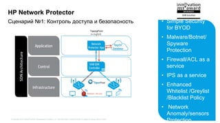 © Copyright 2015 Hewlett-Packard Development Company, L.P. The information contained herein is subject to change without notice.
Сценарий №1: Контроль доступа и безопасность
HP Network Protector
• Simple Security
for BYOD
• Malware/Botnet/
Spyware
Protection
• Firewall/ACL as a
service
• IPS as a service
• Enhanced
Whitelist /Greylist
/Blacklist Policy
• Network
Anomaly/sensors
Protection
TippingPoint
 