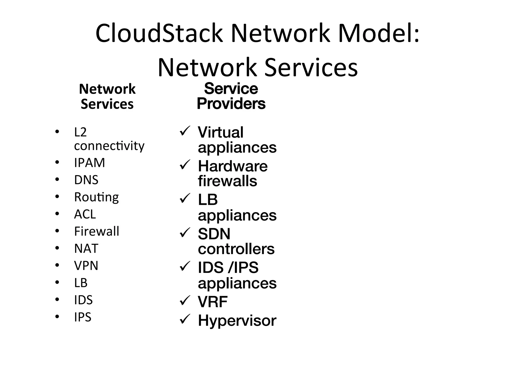 CloudStack	
  Network	
  Model:	
  	
  
             Network	
  Services	
  
     Network	
            Service
     Services	
          Providers!
•  L2	
                ü  Virtual
     connecEvity	
         appliances!
•  IPAM	
              ü  Hardware
•  DNS	
                   ﬁrewalls!
•  RouEng	
            ü  LB
•  ACL	
                   appliances!
•  Firewall	
          ü  SDN
•  NAT	
                   controllers!
•  VPN	
               ü  IDS /IPS
•  LB	
                    appliances!
•  IDS	
               ü  VRF!
•  IPS	
               ü  Hypervisor!
	
  
 