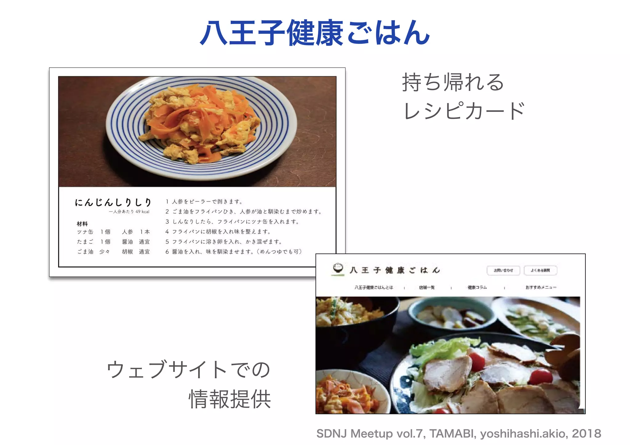 SDNJ Meetup vol.7, TAMABI, yoshihashi.akio, 2018
八王子健康ごはん
ウェブサイトでの
情報提供
持ち帰れる 
レシピカード
 