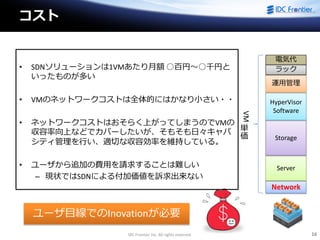 IDC Frontier Inc. All rights reserved. 16
コスト
• SDNソリューションは1VMあたり月額 ○百円～○千円と
いったものが多い
• VMのネットワークコストは全体的にはかなり小さい・・
• ネットワークコストはおそらく上がってしまうのでVMの
収容率向上などでカバーしたいが、そもそも日々キャパ
シティ管理を行い、適切な収容効率を維持している。
• ユーザから追加の費用を請求することは難しい
– 現状ではSDNによる付加価値を訴求出来ない
Network
Server
Storage
HyperVisor
Software
運用管理
ラック
電気代
VM
単
価
ユーザ目線でのInovationが必要
 