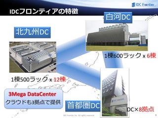 IDC Frontier Inc. All rights reserved. 3
IDCフロンティアの特徴
北九州DC
白河DC
首都圏DC
1棟500ラック x 12棟
1棟600ラック x 6棟
DC×8拠点
クラウドも3拠点で提供
3Mega DataCenter
 