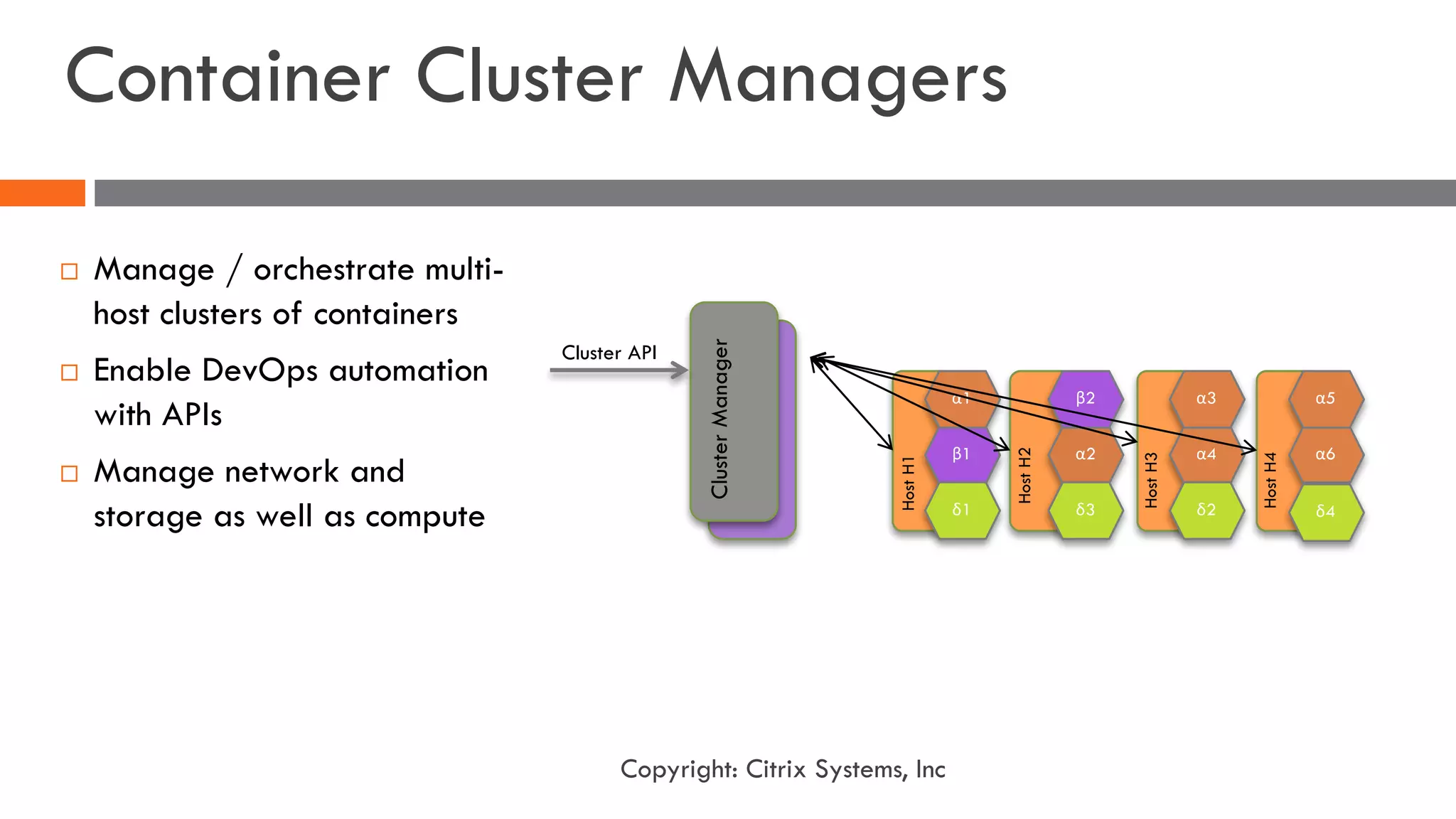 Container Cluster Managers
¨ Manage / orchestrate multi-
host clusters of containers
¨ Enable DevOps automation
with APIs
¨ Manage network and
storage as well as compute
α1
β1
δ1
β2
α2
δ3
α3
α4
δ2
α5
α6
HostH1
HostH2
HostH3
HostH4
δ4
ClusterManager
Cluster API
Copyright: Citrix Systems, Inc
 