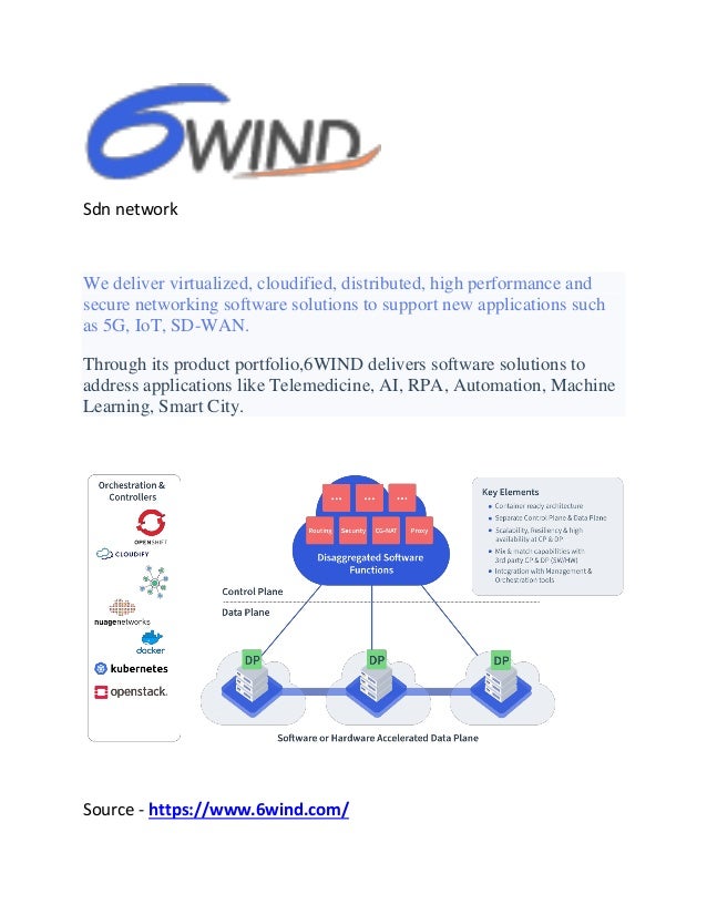 Sdn network
We deliver virtualized, cloudified, distributed, high performance and
secure networking software solutions to support new applications such
as 5G, IoT, SD-WAN.
Through its product portfolio,6WIND delivers software solutions to
address applications like Telemedicine, AI, RPA, Automation, Machine
Learning, Smart City.
Source - https://www.6wind.com/