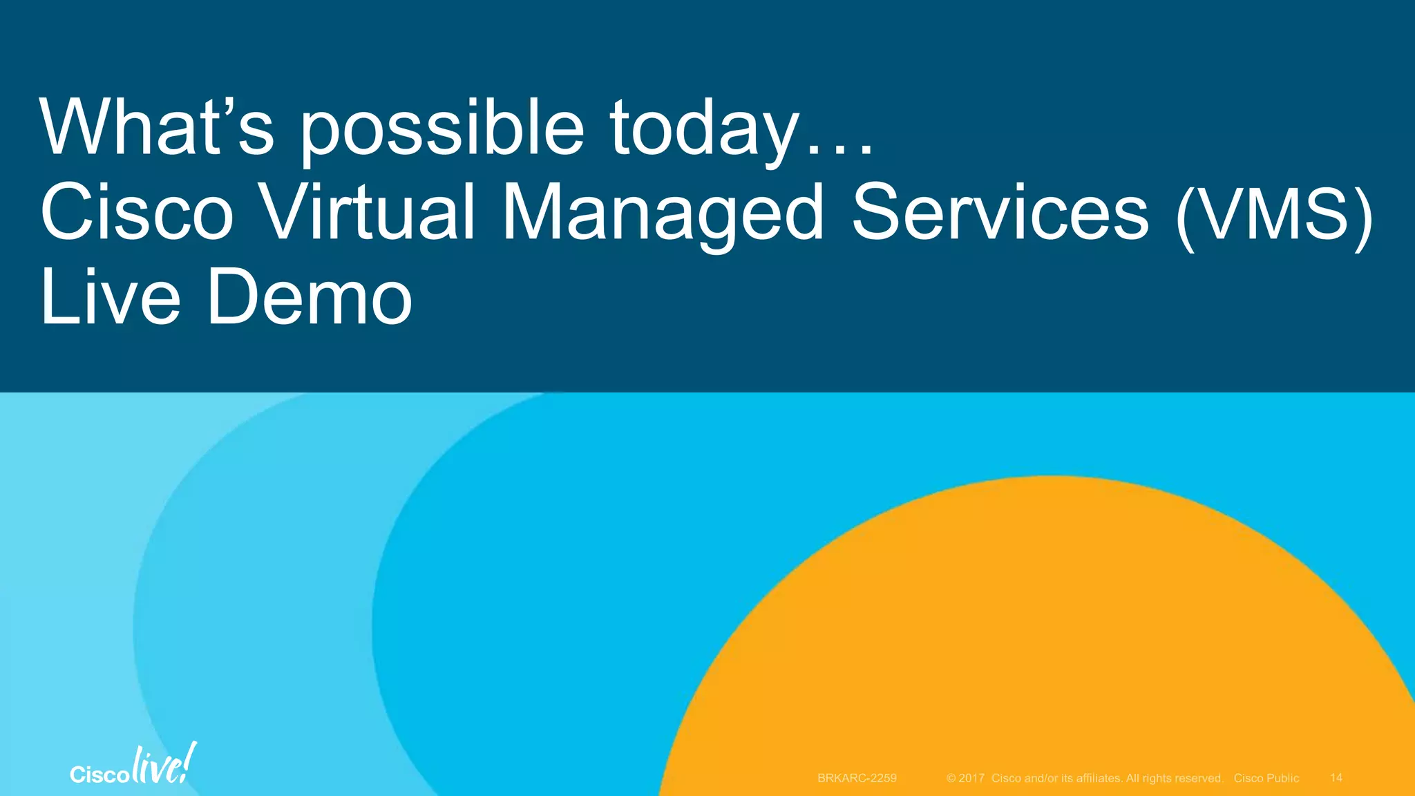 What’s possible today…
Cisco Virtual Managed Services (VMS)
Live Demo
 