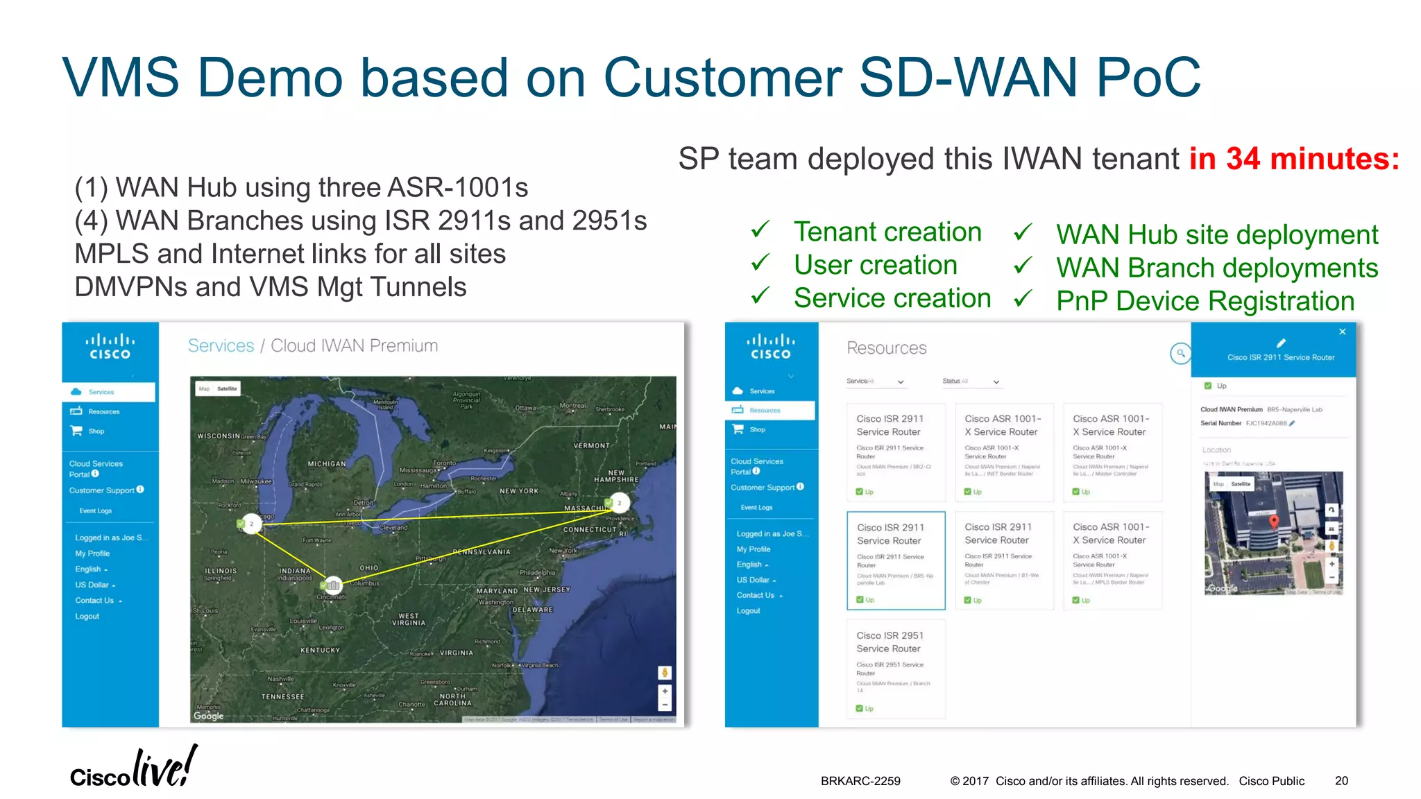 © 2017 Cisco and/or its affiliates. All rights reserved. Cisco Public
VMS Demo based on Customer SD-WAN PoC
(1) WAN Hub using three ASR-1001s
(4) WAN Branches using ISR 2911s and 2951s
MPLS and Internet links for all sites
DMVPNs and VMS Mgt Tunnels
SP team deployed this IWAN tenant in 34 minutes:
 Tenant creation
 User creation
 Service creation
 WAN Hub site deployment
 WAN Branch deployments
 PnP Device Registration
BRKARC-2259 20
 