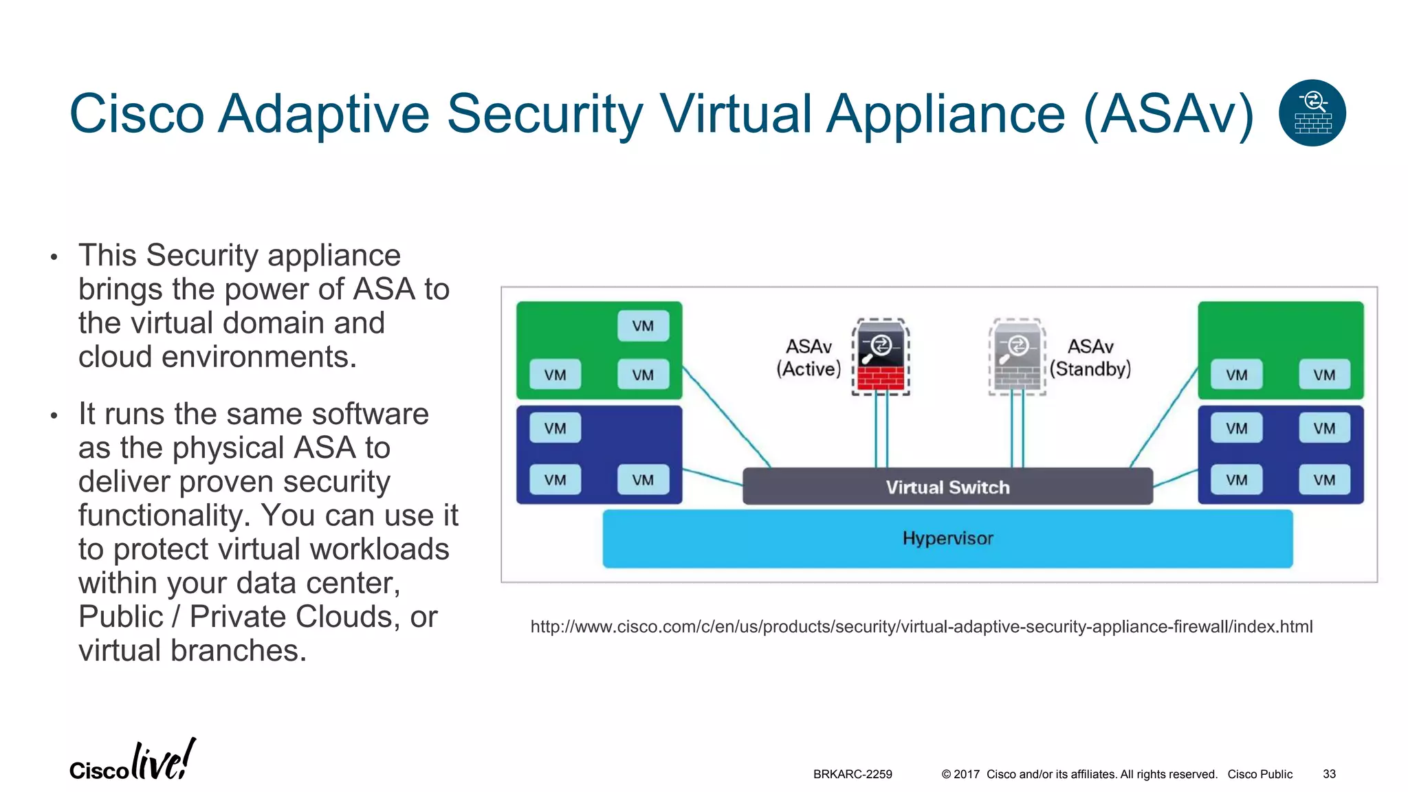 © 2017 Cisco and/or its affiliates. All rights reserved. Cisco Public
Cisco Adaptive Security Virtual Appliance (ASAv)
• This Security appliance
brings the power of ASA to
the virtual domain and
cloud environments.
• It runs the same software
as the physical ASA to
deliver proven security
functionality. You can use it
to protect virtual workloads
within your data center,
Public / Private Clouds, or
virtual branches.
http://www.cisco.com/c/en/us/products/security/virtual-adaptive-security-appliance-firewall/index.html
BRKARC-2259 33
 