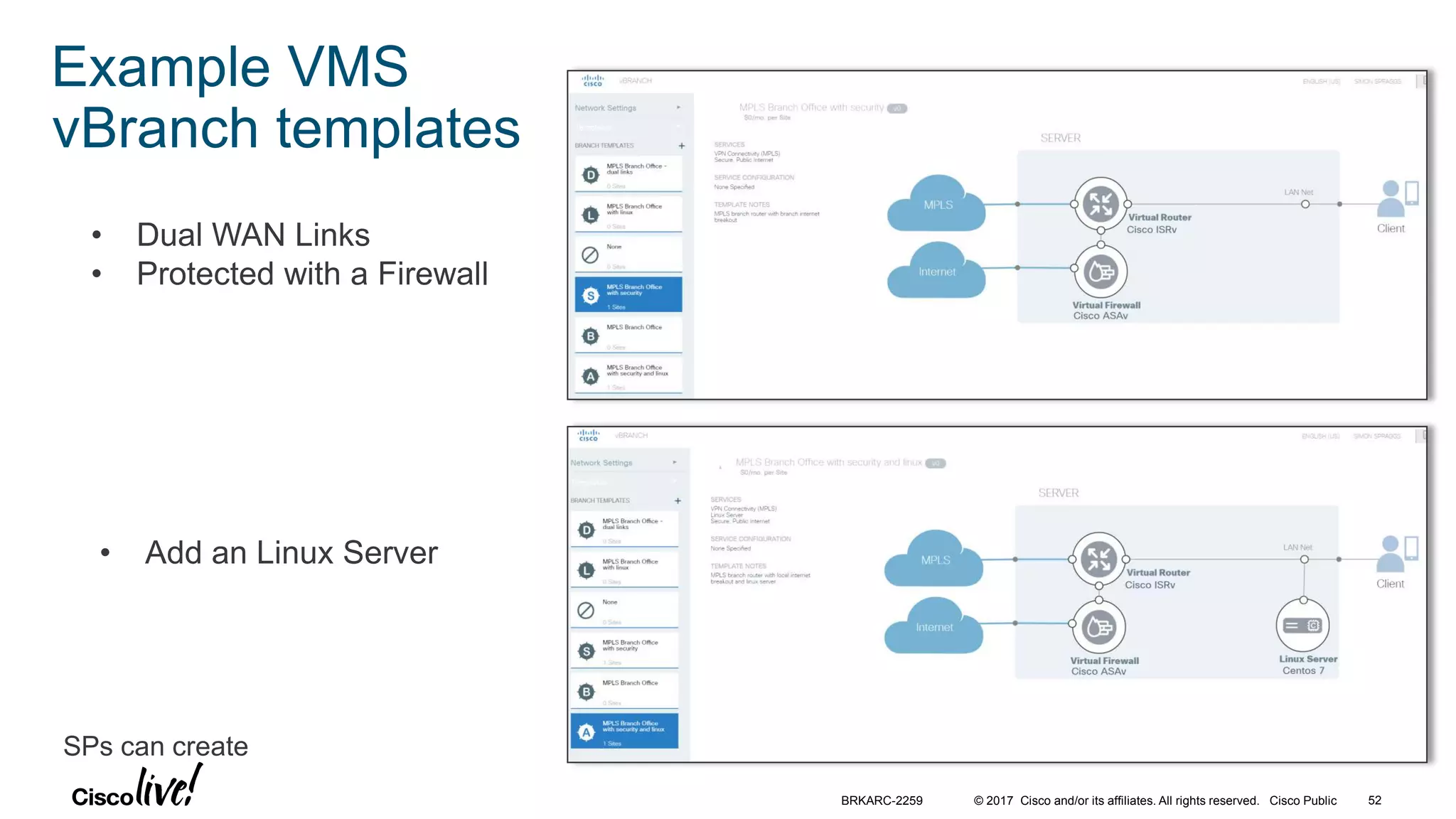 © 2017 Cisco and/or its affiliates. All rights reserved. Cisco Public
• Dual WAN Links
• Protected with a Firewall
• Add an Linux Server
BRKARC-2259 52
Example VMS
vBranch templates
SPs can create
 