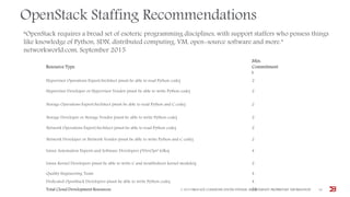 OpenStack Staffing Recommendations
© 2015 BROCADE COMMUNICATIONS SYSTEMS, INC. COMPANY PROPRIETARY INFORMATION 16
Resource Type
Min.
Commitment
t
Hypervisor Operations Expert/Architect (must be able to read Python code) 2
Hypervisor Developer or Hypervisor Vendor (must be able to write Python code) 2
Storage Operations Expert/Architect (must be able to read Python and C code) 2
Storage Developer or Storage Vendor (must be able to write Python code) 2
Network Operations Expert/Architect (must be able to read Python code) 2
Network Developer or Network Vendor (must be able to write Python and C code) 2
Linux Automation Experts and Software Developers (“DevOps” folks) 4
Linux Kernel Developers (must be able to write C and troubleshoot kernel modules) 2
Quality Engineering Team 4
Dedicated OpenStack Developers (must be able to write Python code) 4
Total Cloud Development Resources 26
“OpenStack requires a broad set of esoteric programming disciplines, with support staffers who possess things
like knowledge of Python, SDN, distributed computing, VM, open-source software and more.”
networkworld.com, September 2015
 