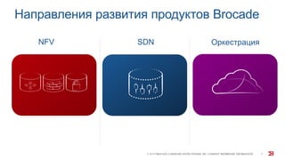 Направления развития продуктов Brocade
© 2015 BROCADE COMMUNICATIONS SYSTEMS, INC. COMPANY PROPRIETARY INFORMATION 3
NFV SDN Оркестрация
 