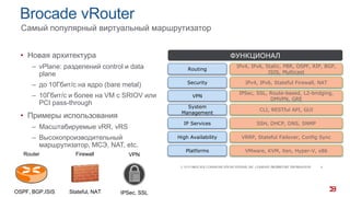 Brocade vRouter
Самый популярный виртуальный маршрутизатор
• Новая архитектура
‒ vPlane: разделений control и data
plane
‒ до 10Гбит/с на ядро (bare metal)
‒ 10Гбит/c и более на VM с SRIOV или
PCI pass-through
• Примеры использования
‒ Масштабируемые vRR, vRS
‒ Высокопроизводительный
маршрутизатор, МСЭ, NAT, etc.
© 2015 BROCADE COMMUNICATIONS SYSTEMS, INC. COMPANY PROPRIETARY INFORMATION 4
Routing
Security
VPN
System
Management
IP Services
Platforms
High Availability
IPv4, IPv6, Static, PBR, OSPF, RIP, BGP,
ISIS, Multicast
IPv4, IPv6, Stateful Firewall, NAT
IPSec, SSL, Route-based, L2-bridging,
DMVPN, GRE
CLI, RESTful API, GUI
SSH, DHCP, DNS, SNMP
VRRP, Stateful Failover, Config Sync
VMware, KVM, Xen, Hyper-V, x86
ФУНКЦИОНАЛ
VPN
IPSec, SSL
Router
OSPF, BGP,ISIS
Firewall
Stateful, NAT
 