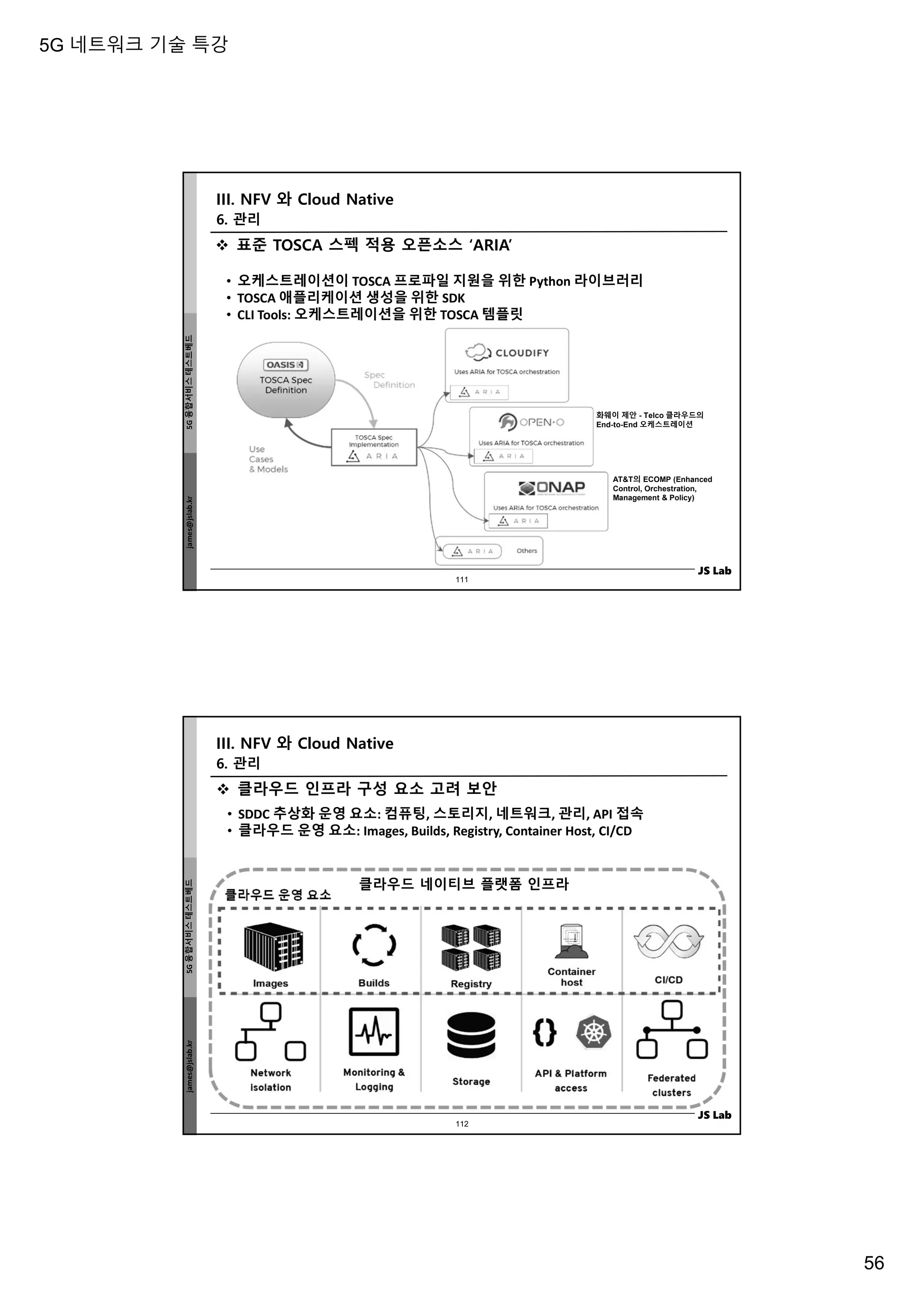 5G 네트워크 기술 특강
56
james@jslab.kr
5G
융합서비스
테스트베드
JS Lab
 표준 TOSCA 스펙 적용 오픈소스 ‘ARIA’
• 오케스트레이션이 TOSCA 프로파일 지원을 위한 Python 라이브러리
• TOSCA 애플리케이션 생성을 위한 SDK
• CLI Tools: 오케스트레이션을 위한 TOSCA 템플릿
화웨이 제안 - Telco 클라우드의
End-to-End 오케스트레이션
AT&T의 ECOMP (Enhanced
Control, Orchestration,
Management & Policy)
III. NFV 와 Cloud Native
111
6. 관리
james@jslab.kr
5G
융합서비스
테스트베드
JS Lab
 클라우드 인프라 구성 요소 고려 보안
• SDDC 추상화 운영 요소: 컴퓨팅, 스토리지, 네트워크, 관리, API 접속
• 클라우드 운영 요소: Images, Builds, Registry, Container Host, CI/CD
클라우드 운영 요소
클라우드 네이티브 플랫폼 인프라
III. NFV 와 Cloud Native
112
6. 관리
 