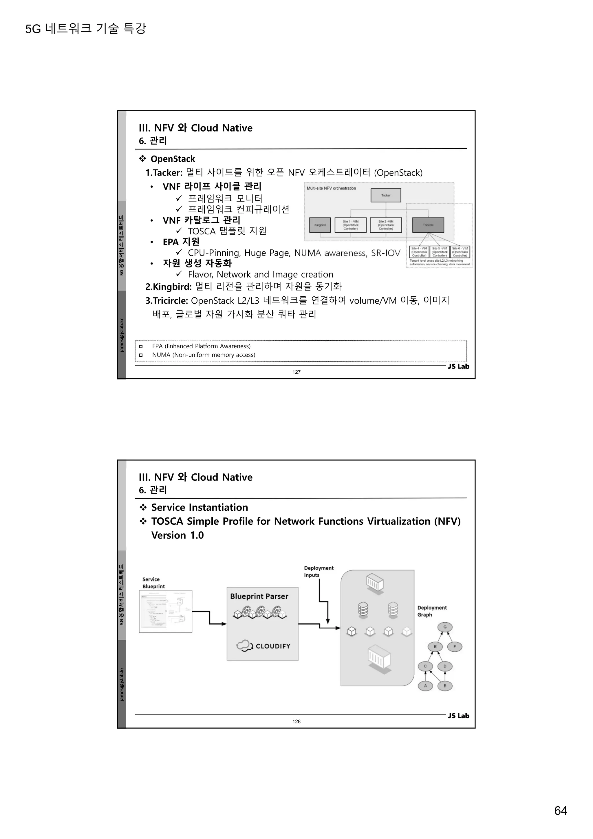 5G 네트워크 기술 특강
64
james@jslab.kr
5G
융합서비스
테스트베드
JS Lab
 EPA (Enhanced Platform Awareness)
 NUMA (Non-uniform memory access)
 OpenStack
1.Tacker: 멀티 사이트를 위한 오픈 NFV 오케스트레이터 (OpenStack)
• VNF 라이프 사이클 관리
 프레임워크 모니터
 프레임워크 컨피규레이션
• VNF 카탈로그 관리
 TOSCA 탬플릿 지원
• EPA 지원
 CPU-Pinning, Huge Page, NUMA awareness, SR-IOV
• 자원 생성 자동화
 Flavor, Network and Image creation
2.Kingbird: 멀티 리전을 관리하며 자원을 동기화
3.Tricircle: OpenStack L2/L3 네트워크를 연결하여 volume/VM 이동, 이미지
배포, 글로벌 자원 가시화 분산 쿼타 관리
III. NFV 와 Cloud Native
127
6. 관리
james@jslab.kr
5G
융합서비스
테스트베드
JS Lab
 Service Instantiation
 TOSCA Simple Profile for Network Functions Virtualization (NFV)
Version 1.0
III. NFV 와 Cloud Native
128
6. 관리
 