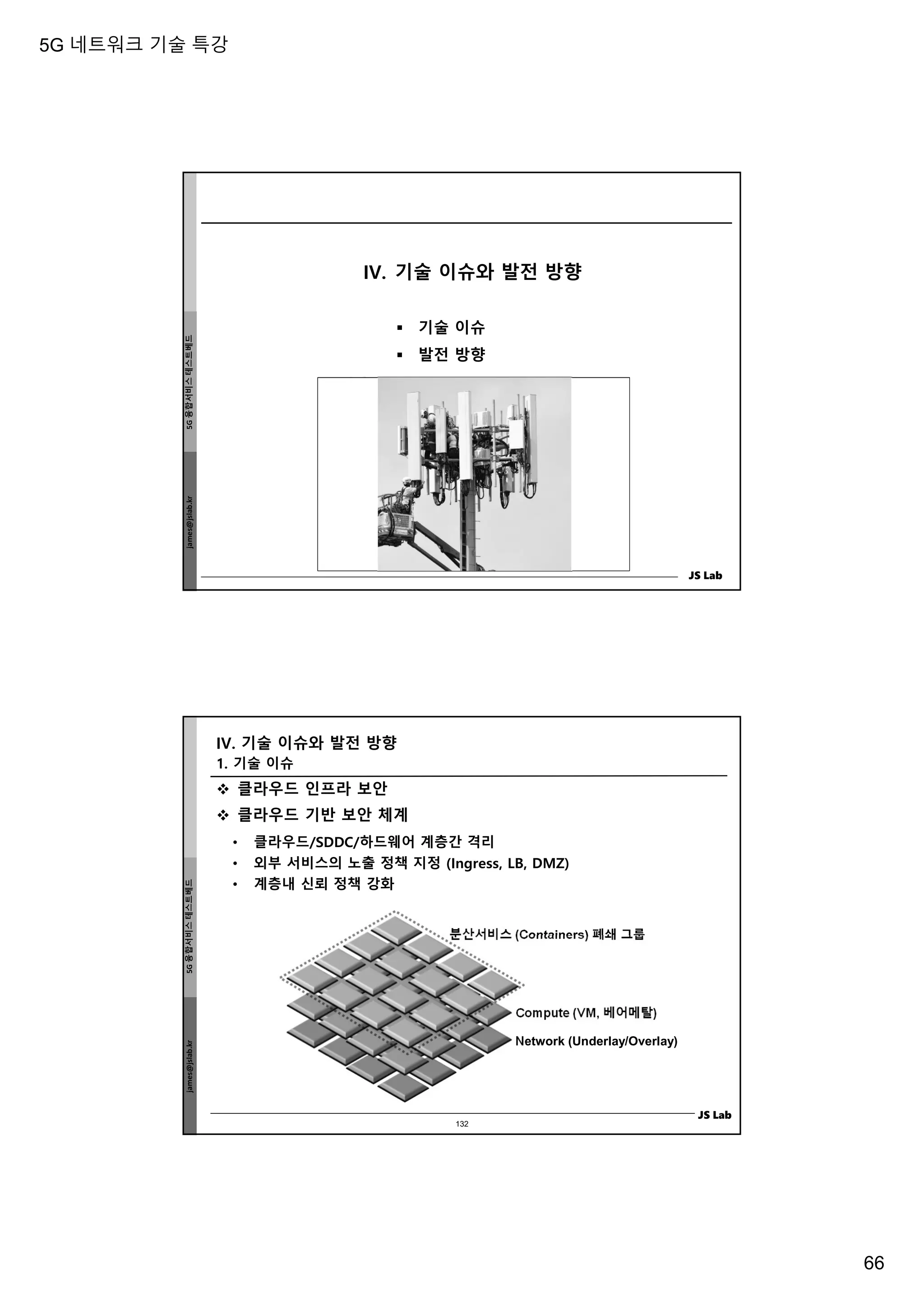5G 네트워크 기술 특강
66
james@jslab.kr
5G
융합서비스
테스트베드
JS Lab
IV. 기술 이슈와 발전 방향
 기술 이슈
 발전 방향
james@jslab.kr
5G
융합서비스
테스트베드
JS Lab
 클라우드 인프라 보안
 클라우드 기반 보안 체계
• 클라우드/SDDC/하드웨어 계층간 격리
• 외부 서비스의 노출 정책 지정 (Ingress, LB, DMZ)
• 계층내 신뢰 정책 강화
분산서비스 (Containers) 폐쇄 그룹
Compute (VM, 베어메탈)
Network (Underlay/Overlay)
IV. 기술 이슈와 발전 방향
132
1. 기술 이슈
 