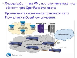 ● Quagga работят във VM , протоколните пакети се 
обменят през OpenFlow суичовете; 
● Протоколните състояния се транслират като 
Flow записи в OpenFlow суичовете 
 