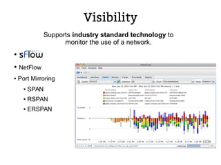 Visibility
●
● NetFlow
● Port Mirroring
● SPAN
● RSPAN
● ERSPAN
Supports industry standard technology to
monitor the use of a network.
 