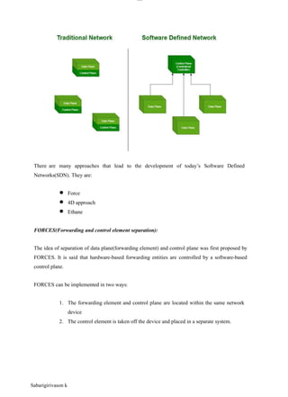 lOM
oAR cP
SD| 30016045
There are many approaches that lead to the development of today’s Software Defined
Networks(SDN). They are:
● Force
● 4D approach
● Ethane
FORCES(Forwarding and control element separation):
The idea of separation of data plane(forwarding element) and control plane was first proposed by
FORCES. It is said that hardware-based forwarding entities are controlled by a software-based
control plane.
FORCES can be implemented in two ways:
1. The forwarding element and control plane are located within the same network
device
2. The control element is taken off the device and placed in a separate system.
Sabarigirivason k
 
