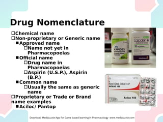Drug Nomenclature
Chemical name
Non-proprietary or Generic name
Approved name
Name not yet in
Pharmacopoeias
Official name
Drug name in
Pharmacopoeias
Aspirin (U.S.P.), Aspirin
(B.P.)
Common name
Usually the same as generic
name
Proprietary or Trade or Brand
name examples
Aciloc/ Pantop
 