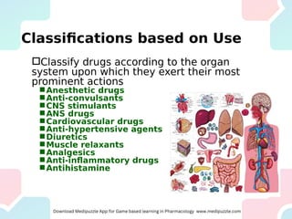 Classifications based on Use
Classify drugs according to the organ
system upon which they exert their most
prominent actions
Anesthetic drugs
Anti-convulsants
CNS stimulants
ANS drugs
Cardiovascular drugs
Anti-hypertensive agents
Diuretics
Muscle relaxants
Analgesics
Anti-inflammatory drugs
Antihistamine
 