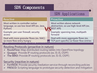 SDN Components
SDN Applications
Application Examples (open source)
Routing Protocols (proactive in nature)
 RouteFlow: Map distributed routing tables into OpenFlow topology
 Quagga: Provide IP routing protocols (ex. IS-IS, OSPF)
 The BIRD: Provide IP routing protocols (ex. IS-IS, OSPF)
Security (reactive in nature)
 FortNOX: Provide security mediation service through reconciling policies
 FRESCO: Scripting language to prototype security detection and mitigation
Proactive
Most written above network
abstraction, so use high-level API (ex.
REST API)
Example: spanning tree, multipath
forward
Deal with more aggregate flows (ex.
TCP port-specific) so fewer flow entries
Reactive
Most written in controller native
language, so use low-level API (ex. Java,
Python)
Example: per-user firewall, security
access
Deal with more granular flows (ex. NAC)
so more flow entry hungry
 