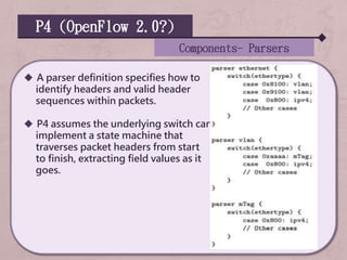 P4 (OpenFlow 2.0?)
 A parser definition specifies how to
identify headers and valid header
sequences within packets.
 P4 assumes the underlying switch can
implement a state machine that
traverses packet headers from start
to finish, extracting field values as it
goes.
Components- Parsers
 