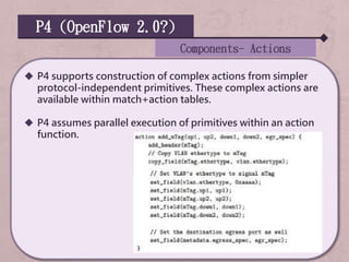 P4 (OpenFlow 2.0?)
 P4 supports construction of complex actions from simpler
protocol-independent primitives. These complex actions are
available within match+action tables.
 P4 assumes parallel execution of primitives within an action
function.
Components- Actions
 