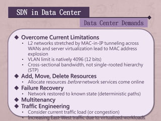 SDN in Data Center
Data Center Demands
 Overcome Current Limitations
• L2 networks stretched by MAC-in-IP tunneling across
WANs and server virtualization lead to MAC address
explosion
• VLAN limit is natively 4096 (12 bits)
• Cross-sectional bandwidth, not single-rooted hierarchy
(STP)
 Add, Move, Delete Resources
• Allocate resources before network services come online
 Failure Recovery
• Network restored to known state (deterministic paths)
 Multitenancy
 Traffic Engineering
• Consider current traffic load (or congestion)
• Increasing East-West traffic due to virtualized workloads
 